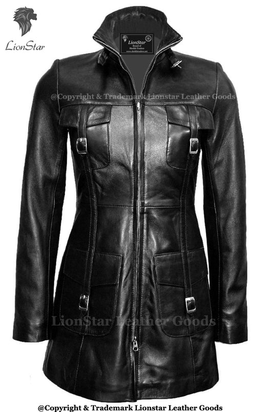 A black leather jacket with a high collar, front zipper, and multiple flap pockets with buckle details, shown on a white background with LionStar branding.