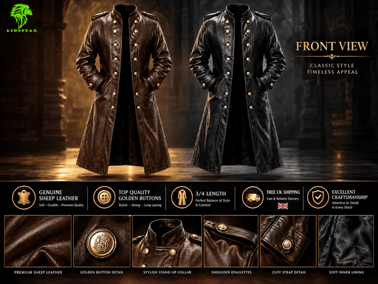 A promotional product graphic showing two long leather trench coats side by side, labeled front view. The left coat is dark brown and the right coat is black, both with gold-tone buttons and a classic double-breasted silhouette.