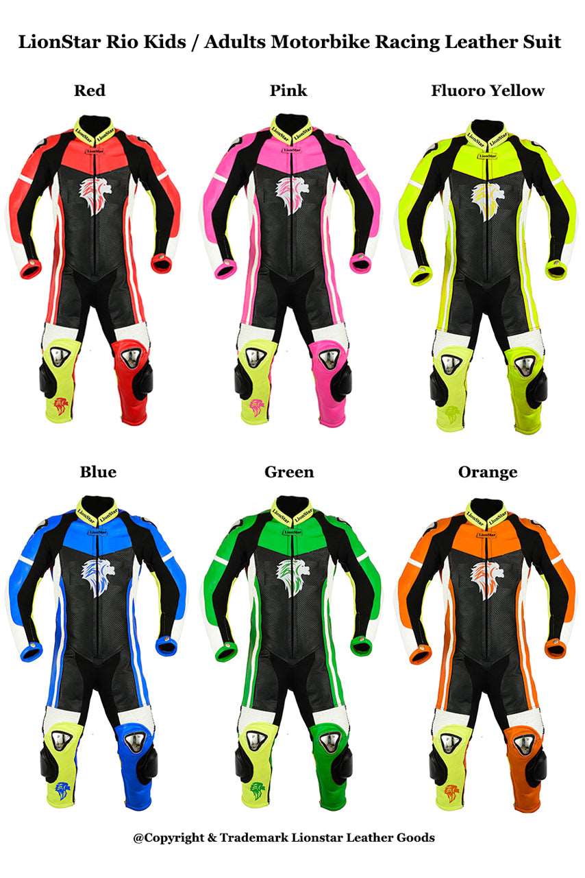 Lionstar Rio Unisex Kids/Adults Motorbike Motorcycle Leather Biker Racing Suit /Full Set (6 Colors Available)