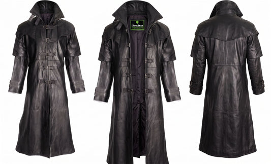 Men's Real Sheep Leather Gothic Vampire Long Trench Coat – Black Steampunk Duster Jacket