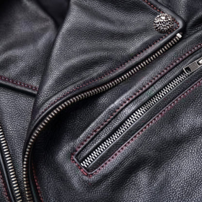 Lionstar Men's Black Genuine Cowhide Leather Café Racer Biker Jacket – Red Stitching