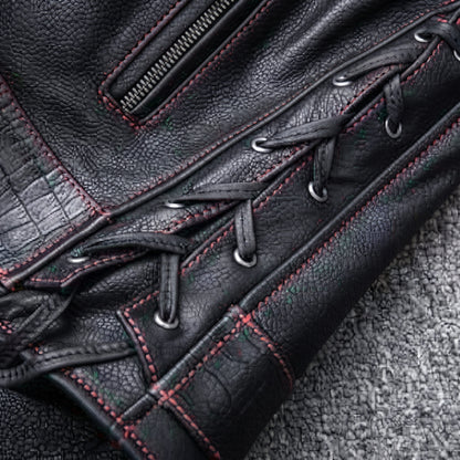 Lionstar Men's Black Genuine Cowhide Leather Café Racer Biker Jacket – Red Stitching