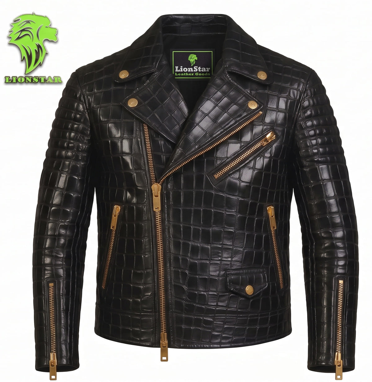 LionStar Men's Crocodile-Embossed Real Cowhide Leather Biker Jacket