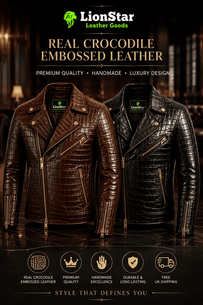 LionStar Men's Crocodile-Embossed Real Cowhide Leather Biker Jacket