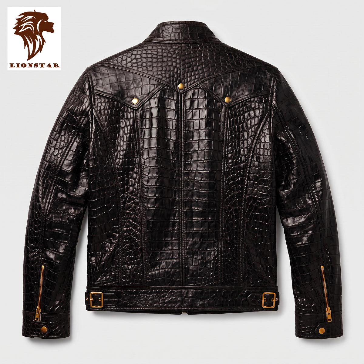 Black crocodile-embossed leather jacket shown from the back, featuring gold-tone snap and zipper details, displayed on a light gray background with a Lionstar logo in the top-left corner.
