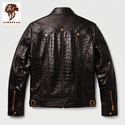 Black crocodile-embossed leather jacket shown from the back, featuring gold-tone snap and zipper details, displayed on a light gray background with a Lionstar logo in the top-left corner.