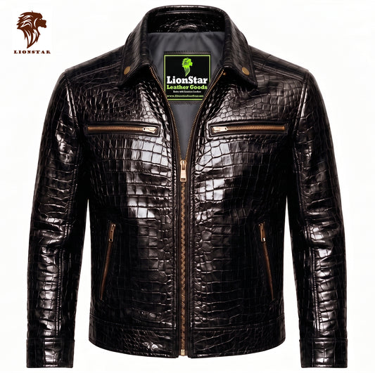 Crocodile Leather Jacket in Black Color