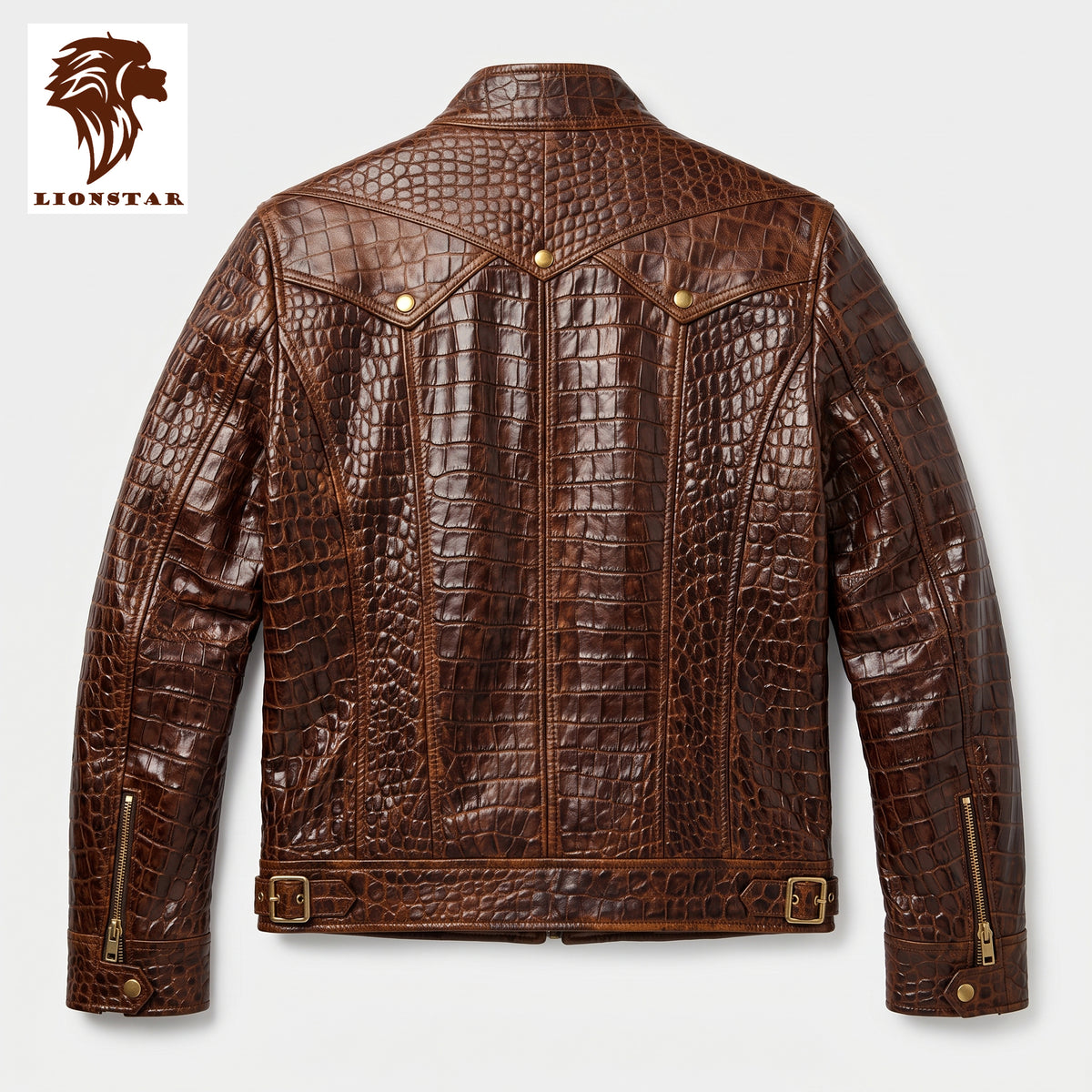 A brown crocodile-embossed leather jacket shown from the back, featuring a high collar, decorative snap details, and zippered cuffs, displayed on a light gray background with a Lionstar logo in the top-left corner.