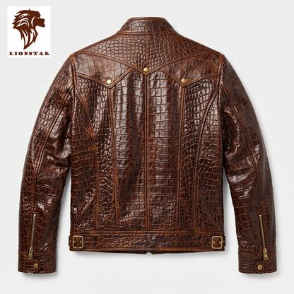 A brown crocodile-embossed leather jacket shown from the back, featuring a high collar, decorative snap details, and zippered cuffs, displayed on a light gray background with a Lionstar logo in the top-left corner.