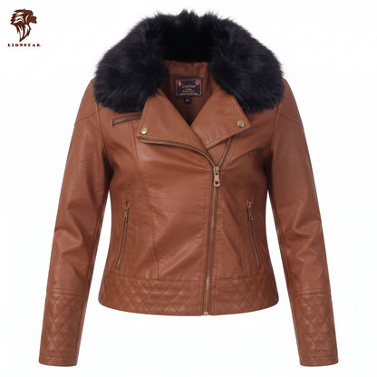 A women's brown leather jacket with a black faux fur collar, featuring an asymmetrical zipper, quilted side panels, and gold-tone hardware. The brand logo 'LIONSTAR' is visible in the top-left corner.