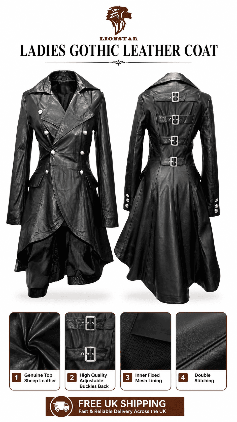 Black leather coat for women shown from the front and back on a white background, with feature callouts and close-up material details below. The image includes the text 'LADIES GOTHIC LEATHER COAT' and a lionstar logo at the top.