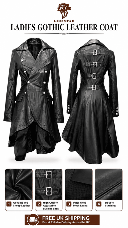 Black leather coat for women shown from the front and back on a white background, with feature callouts and close-up material details below. The image includes the text 'LADIES GOTHIC LEATHER COAT' and a lionstar logo at the top.