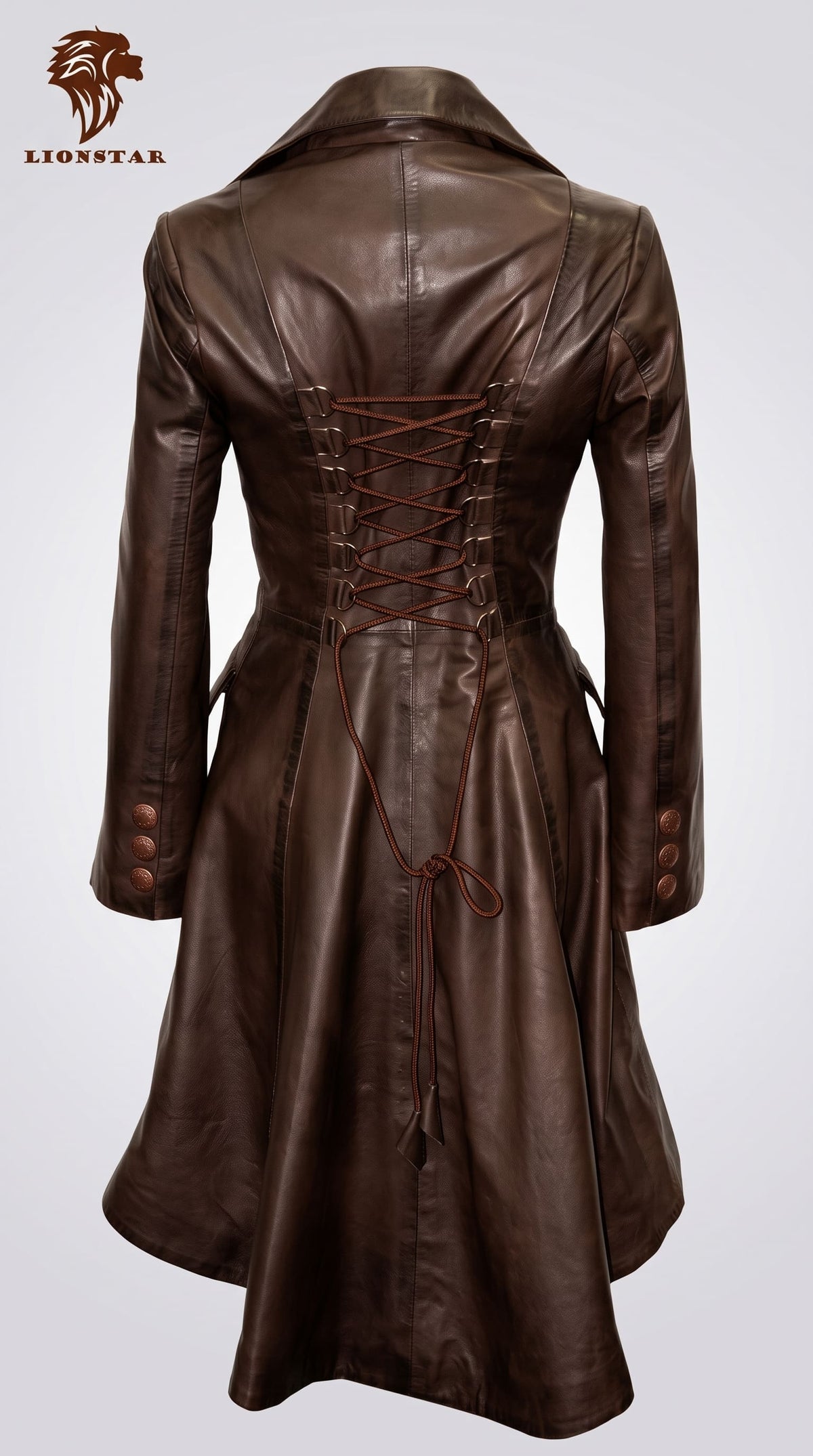 A dark brown real sheep leather long coat with a lace-up corset-style back, shown from the back on a light gray background. The brand logo 'LIONSTAR' is visible in the top left corner.