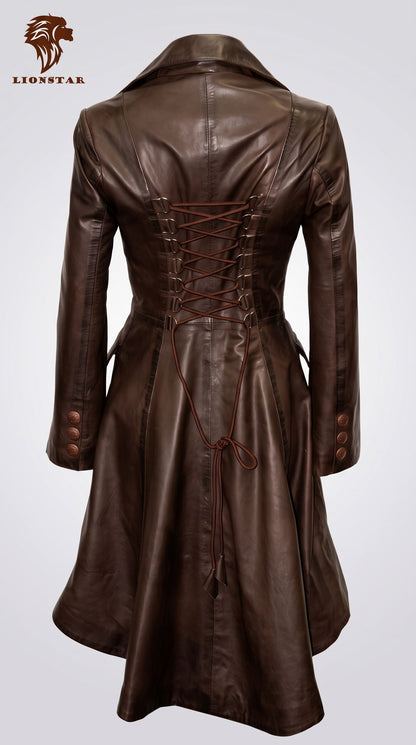 A dark brown real sheep leather long coat with a lace-up corset-style back, shown from the back on a light gray background. The brand logo 'LIONSTAR' is visible in the top left corner.