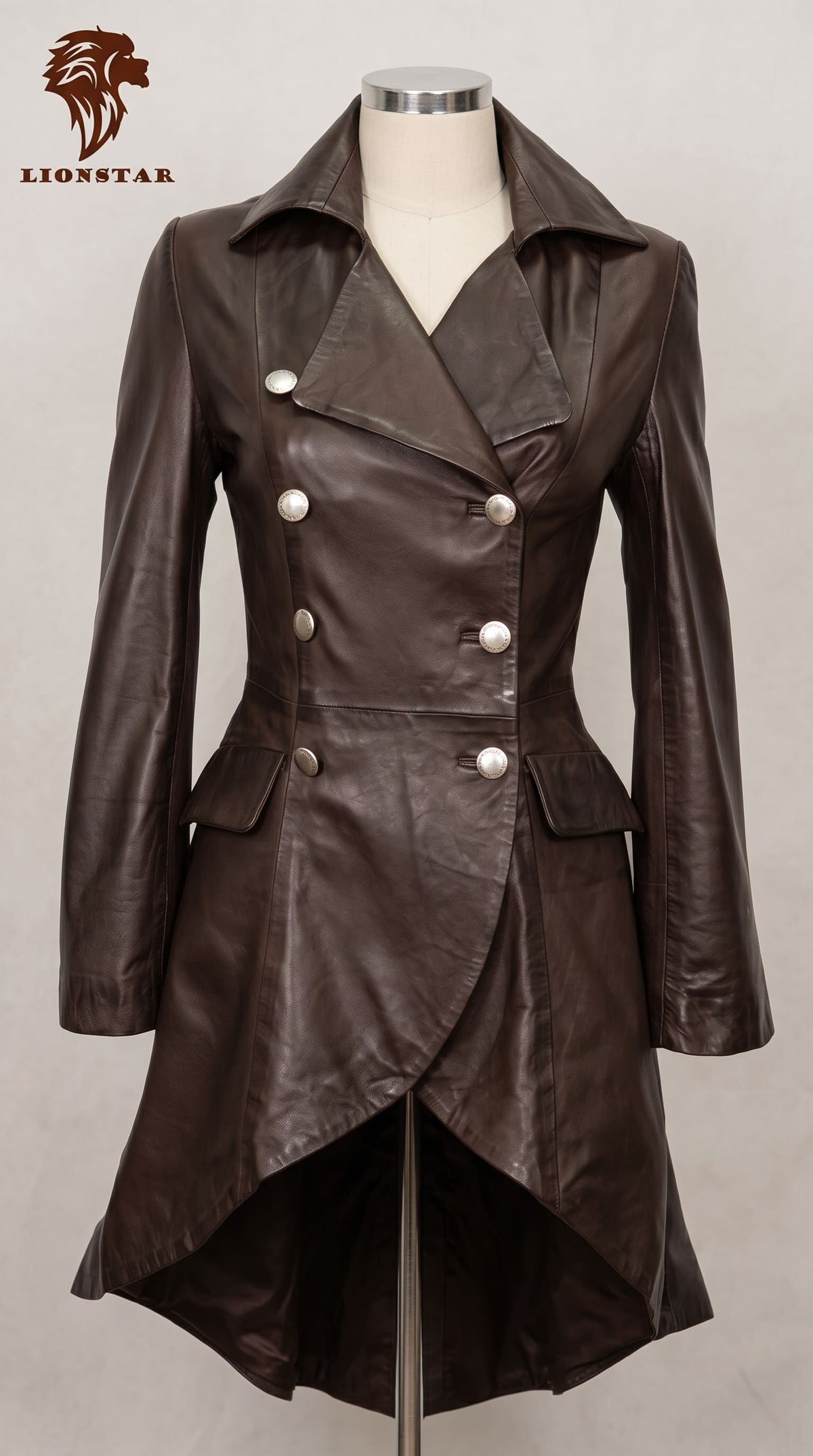A dark brown real sheep leather double-breasted coat with silver buttons, displayed on a mannequin torso. The Lionstar brand logo is visible in the top left corner.