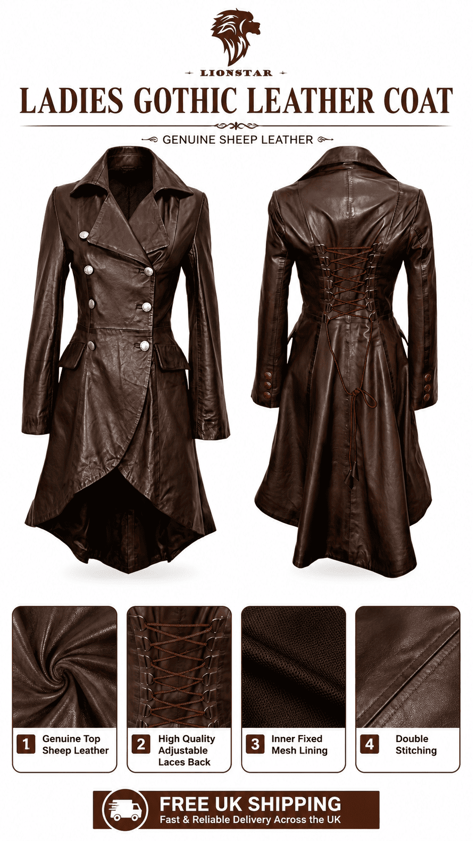 Lionstar Ladies Gothic Leather Coat shown from the front and back in dark brown leather, with four feature callout panels below highlighting genuine sheep leather, adjustable lace-up back, inner mesh lining, and double stitching. Text at top reads 'LADIES GOTHIC LEATHER COAT' and a shipping banner appears at the bottom.