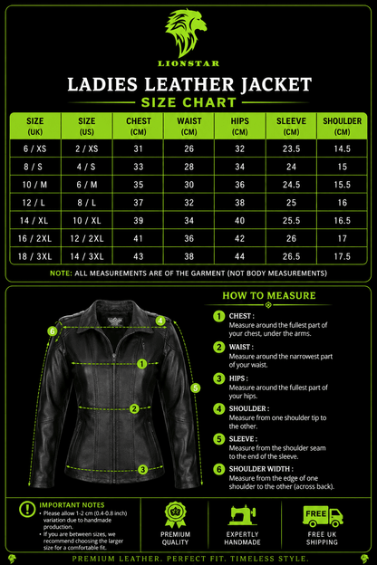 A Lionstar Ladies Leather Jacket size chart and measurement guide. The top half is a green and black table listing sizes from 6 XS to 18/18 XL with chest, waist, hips, sleeve, and shoulder measurements in centimeters and inches.