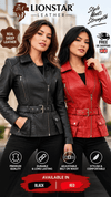 LionStar Women's Genuine Sheep Leather Biker Jacket – Belted Red & Black