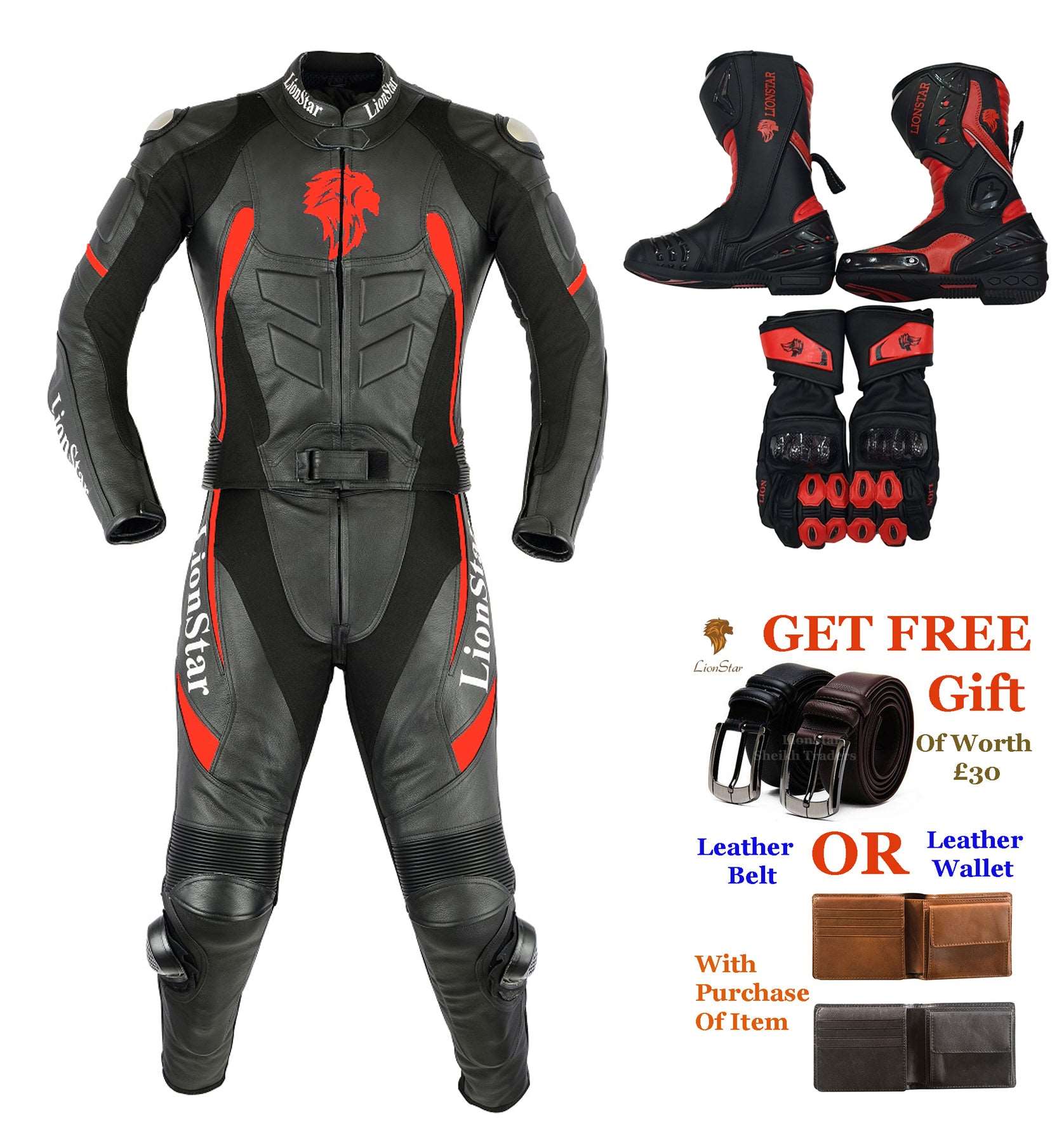 Lionstar Panther Unisex Kids/Adults Motorbike Racing Leather Motorcycle Suit /Full Set (2 Colors Available)