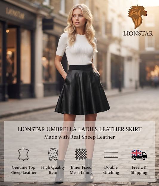 A woman stands on a blurred city street wearing a white fitted top and a black leather skirt, with Lionstar branding and product text overlays. The product being sold appears to be the black leather skirt.