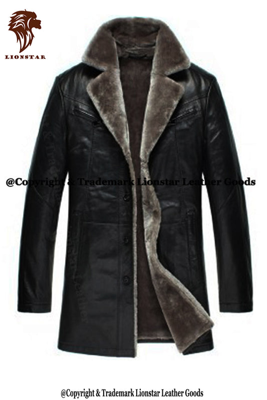 men's leather overcoat with fur lining and pockets