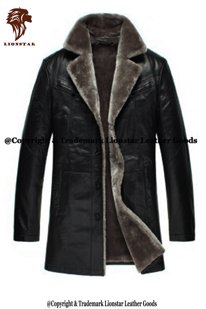 men's leather overcoat with fur lining and pockets Front