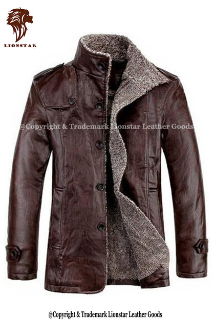 Men's Winter Leather Coats with Fur on Sale Brown
