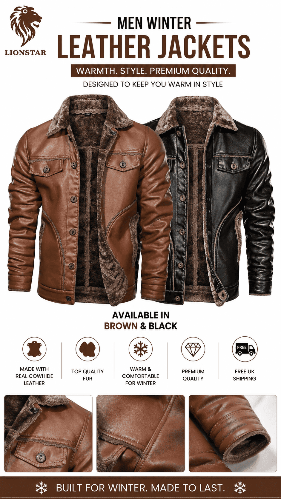 Lionstar Men's Genuine Cowhide Leather Winter Jacket with Fur Lining – Brown & Black