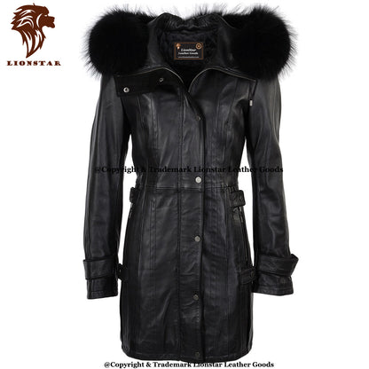 A black nappa leather parka coat with a large black fur-trimmed hood, shown on a white background with a brown Lionstar logo in the top-left corner.