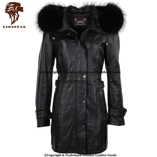 A black nappa leather parka coat with a large black fur-trimmed hood, shown on a white background with a brown Lionstar logo in the top-left corner.