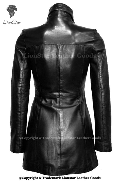 Black leather coat with a high collar and long sleeves, shown from the back on a white background with LionStar branding.