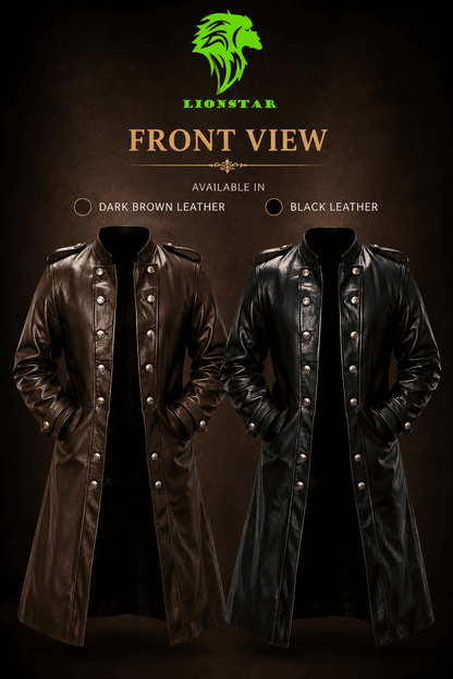 A promotional product graphic showing two long leather trench coats side by side against a dark brown background. The left coat is dark brown leather, and the right coat is black leather.