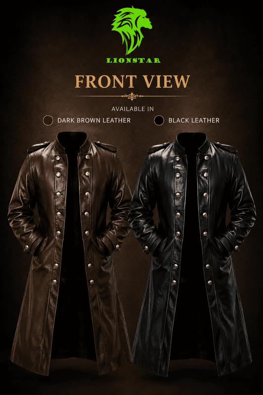 A promotional product graphic showing two long leather trench coats side by side against a dark brown background. The left coat is dark brown leather, and the right coat is black leather.