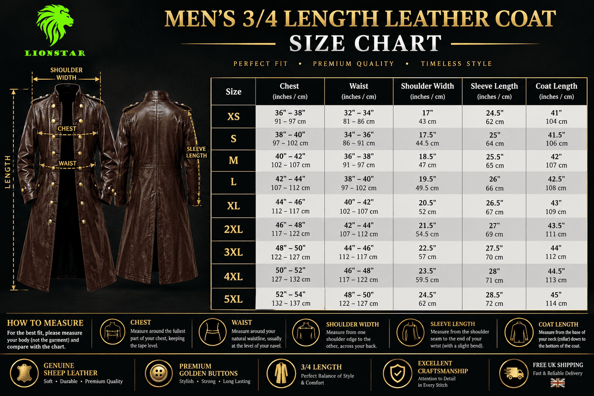 A size chart infographic for a men's 3/4 length leather coat by Lionstar, featuring a size table from XS to 5XL with chest, waist, shoulder width, sleeve length, and coat length measurements, alongside illustrations of a brown leather coat and fit guides.