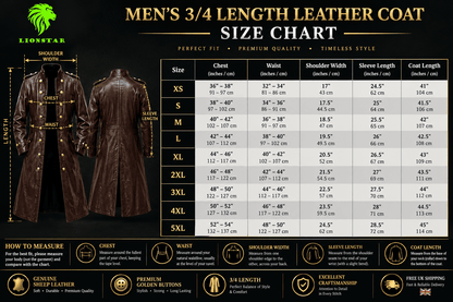 A size chart infographic for a men's 3/4 length leather coat by Lionstar, featuring a size table from XS to 5XL with chest, waist, shoulder width, sleeve length, and coat length measurements, alongside illustrations of a brown leather coat and fit guides.