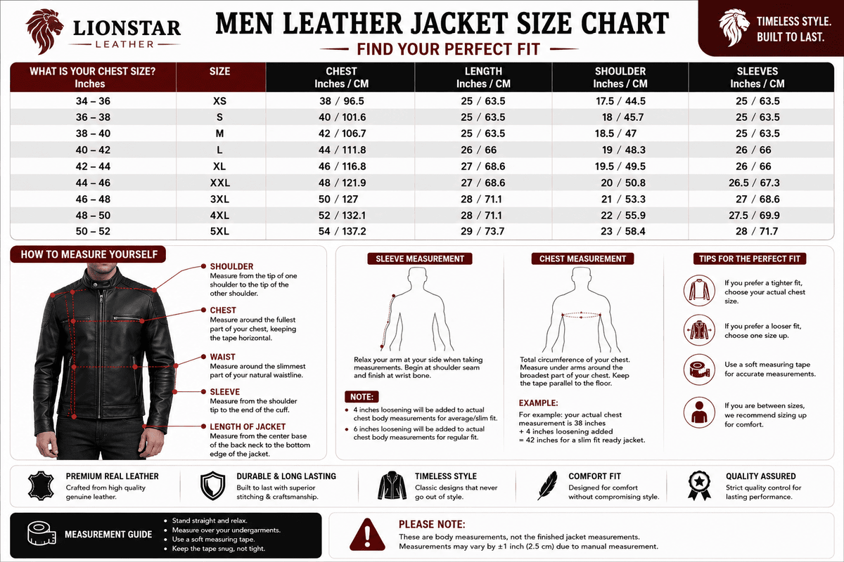 Lionstar Men Leather Jacket Size Chart