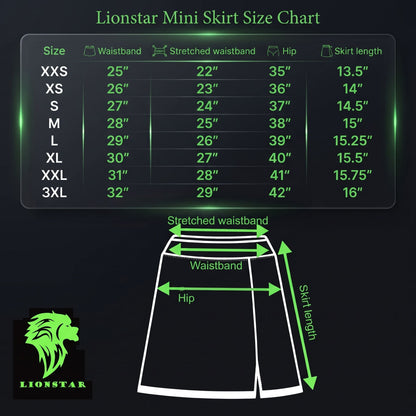 Lionstar Mini Skirt Size Chart graphic on a dark background, showing a size table for XXS through 3XL with waistband and hip measurements, plus a simplified skirt diagram with labeled waistband, hip, and skirt length.