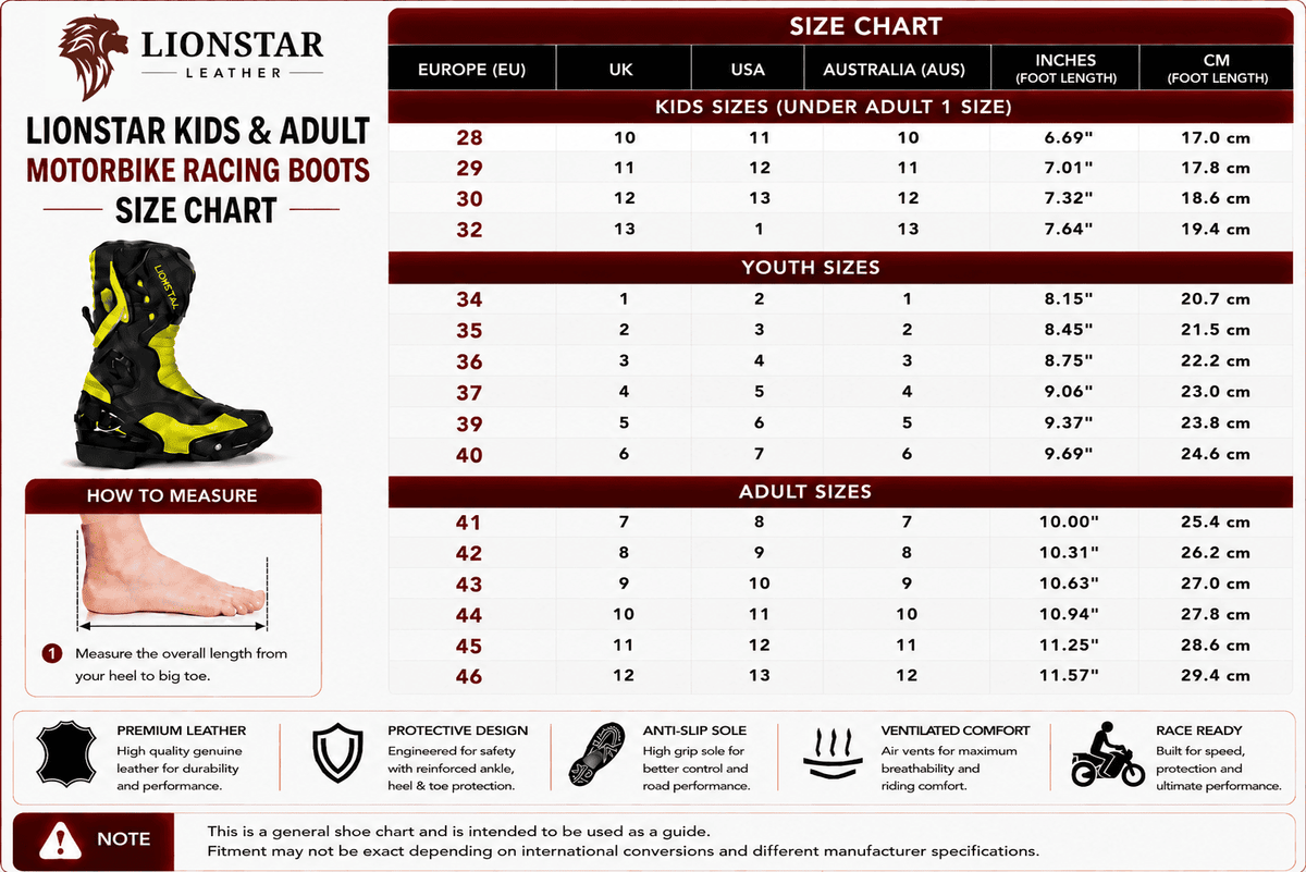 Lionstar Racing Boots Size Chart