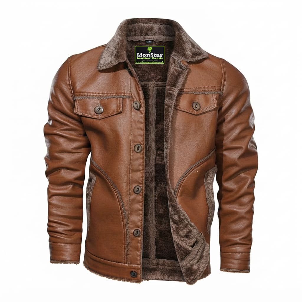 Lionstar Men's Genuine Cowhide Leather Winter Jacket with Fur Lining – Brown & Black
