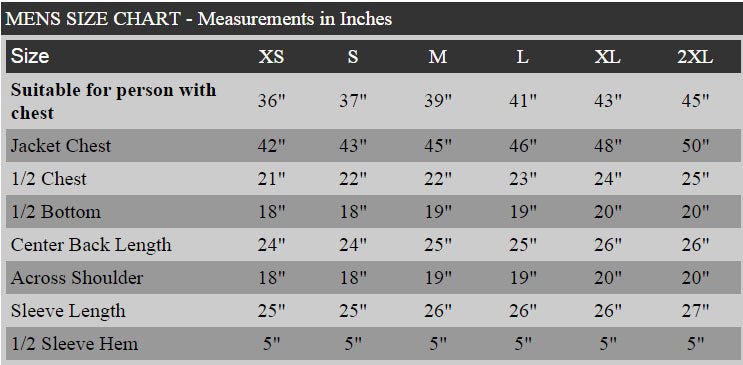 Gothic Coat Size Chart