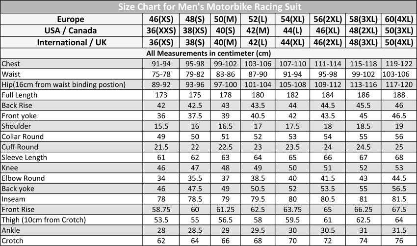 Men Motorbike Size Chart