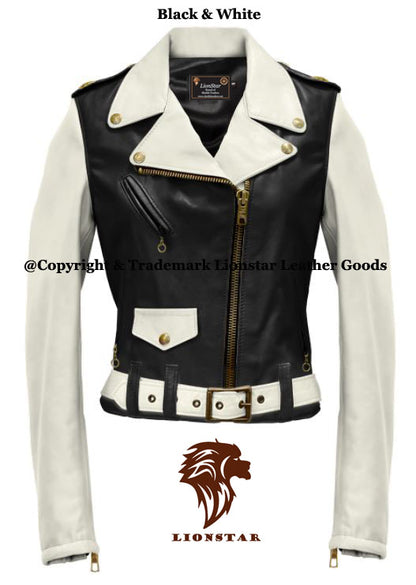Ladies genuine leather jacket black & white