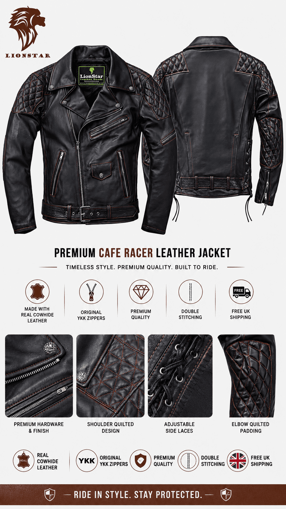 Lionstar Men's Black Genuine Cowhide Leather Café Racer Biker Jacket – Red Stitching
