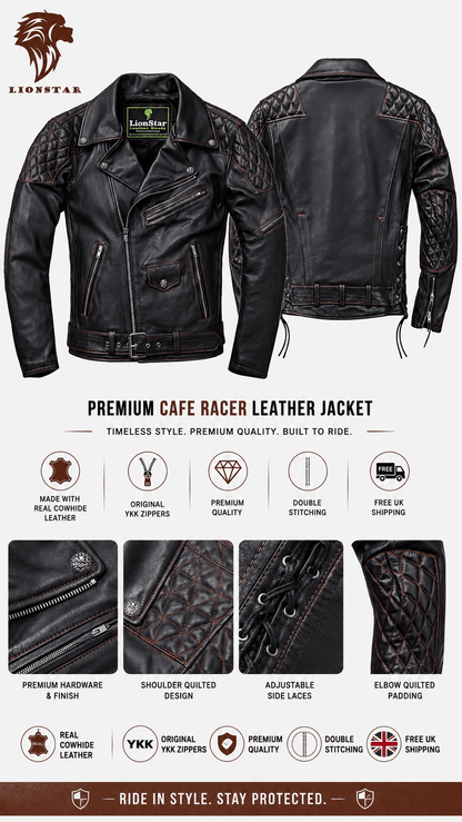 Lionstar Men's Black Genuine Cowhide Leather Café Racer Biker Jacket – Red Stitching