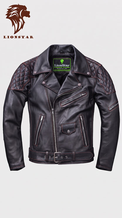 Lionstar Men's Black Genuine Cowhide Leather Café Racer Biker Jacket – Red Stitching