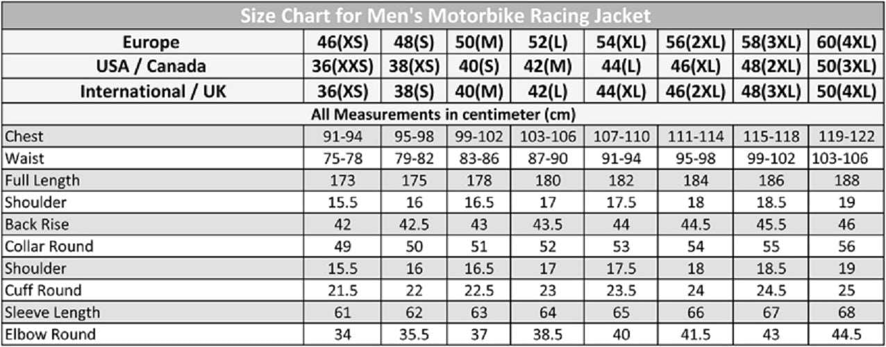 Men Motorbike Jacket Size Chart