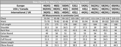 Men Motorbike Jacket Size Chart