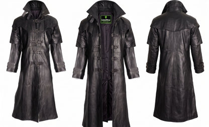 Men's Real Sheep Leather Gothic Vampire Long Trench Coat – Black Steampunk Duster Jacket