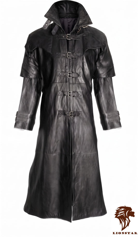 Men's Real Sheep Leather Gothic Vampire Long Trench Coat – Black Steampunk Duster Jacket